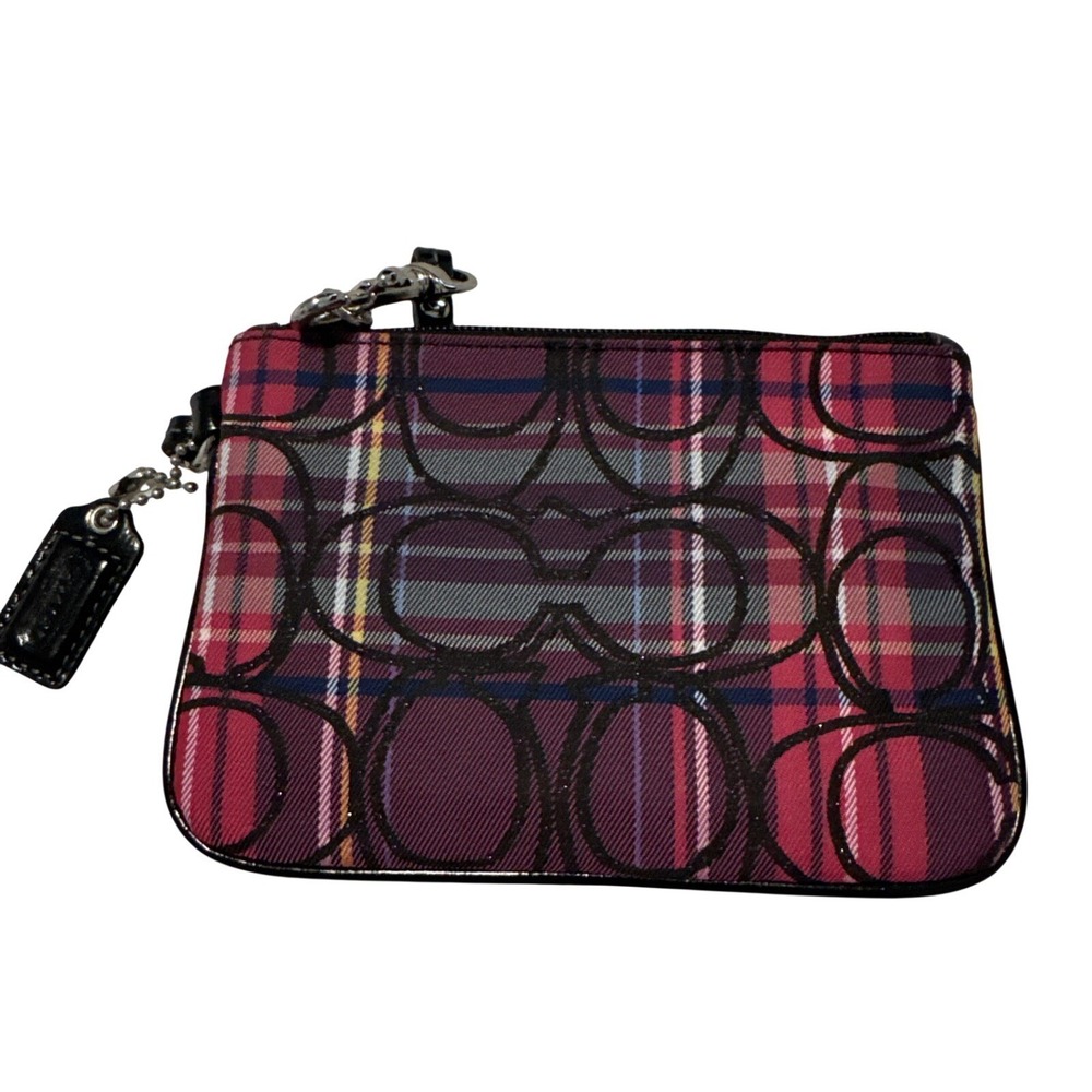 Coach Poppy Tartan Plaid Wristlet‎ Red Purple C Logo Glitter F44127 NWT